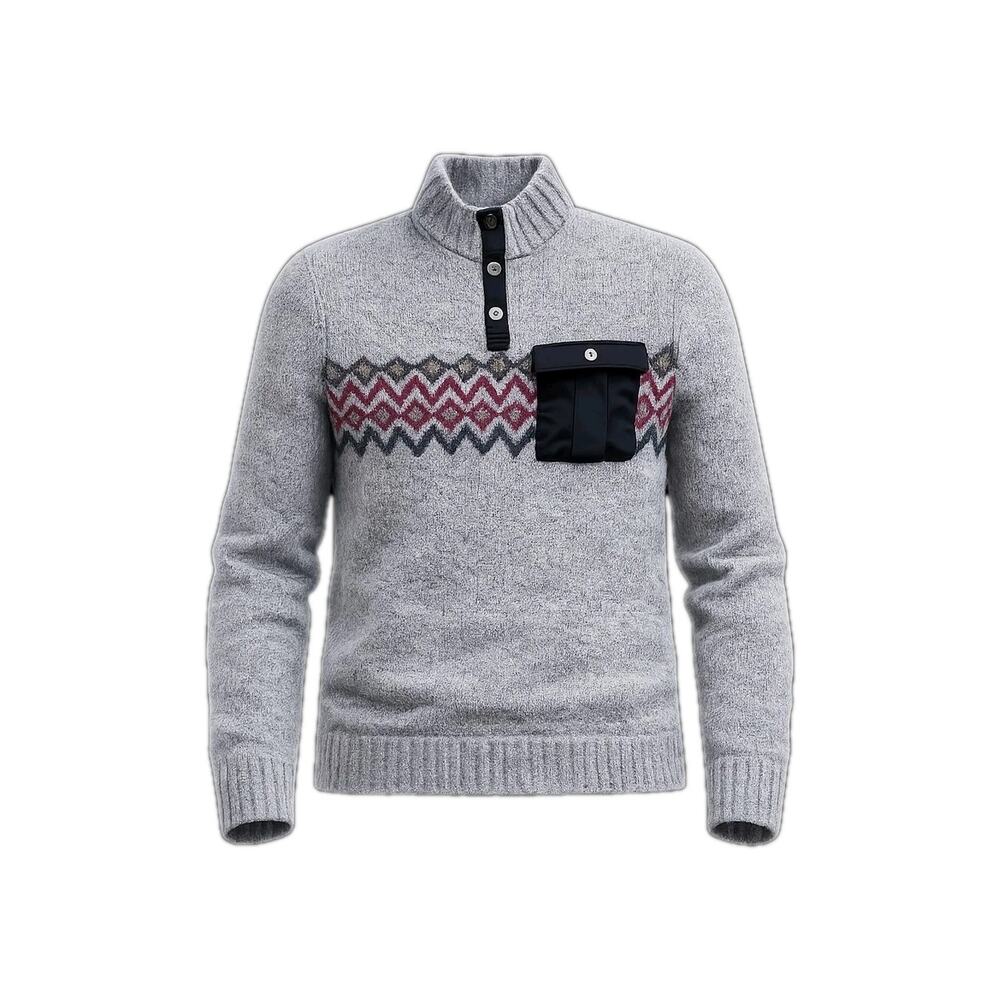 Smartwool Mens XL Merino Wool Fair Isle Button Sweater Heather Gray Chest Pocket